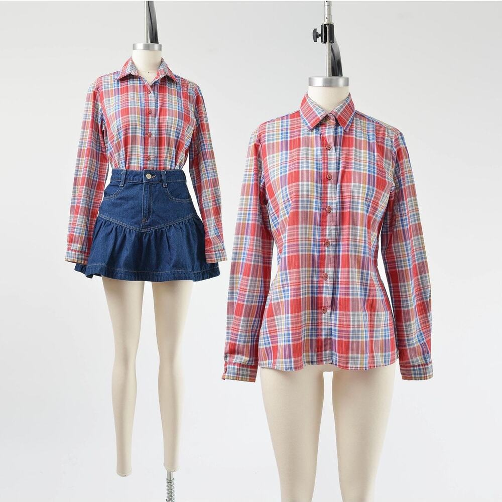Vintage 70s Red Plaid Shirt Metallic Disco Western Button Down Retro Blouse S M